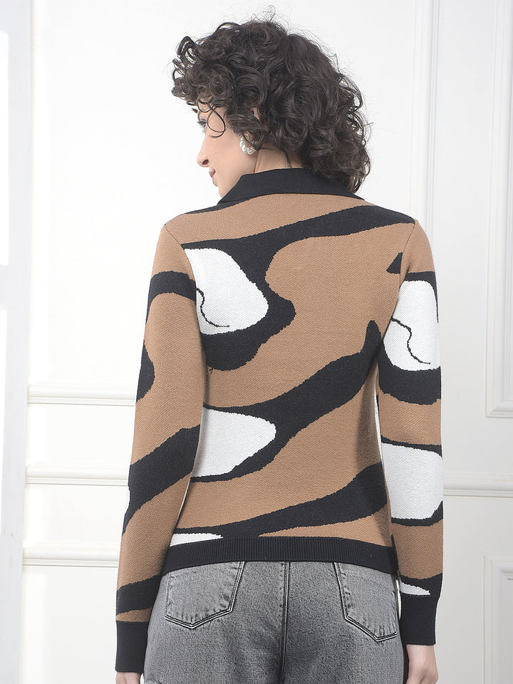 Jacquard Brown Sweater With Collar