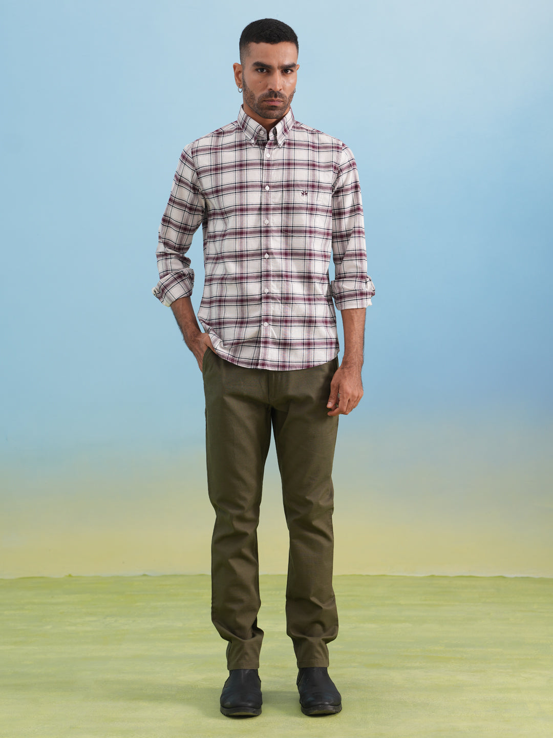 Maroon Checked 100% Cotton Button-Down Collar Shirt