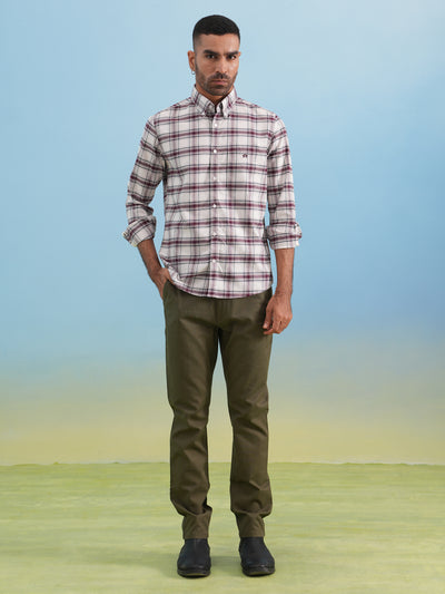 Maroon Checked 100% Cotton Button-Down Collar Shirt