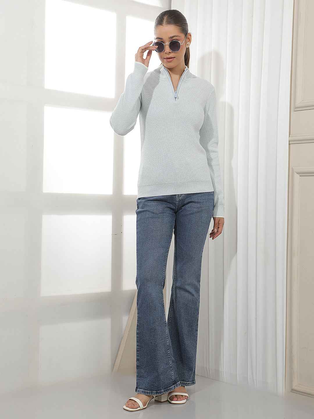 Blue Jacquard High Neck 100% Cotton Sweater