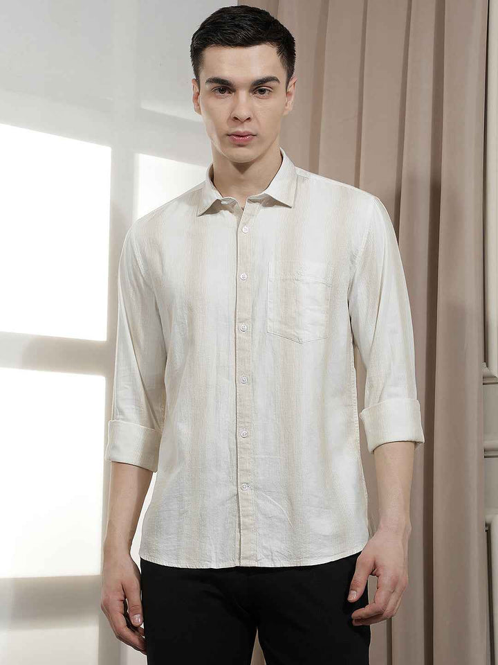 Beige Vertical Stripes 100% Cotton Shirt