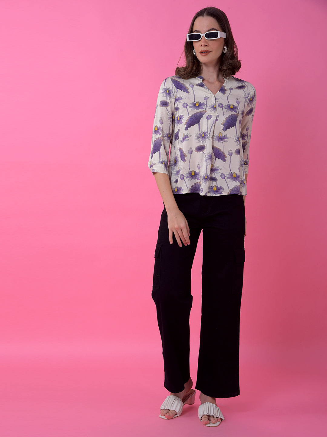 Blue Floral Print V-Neck Top