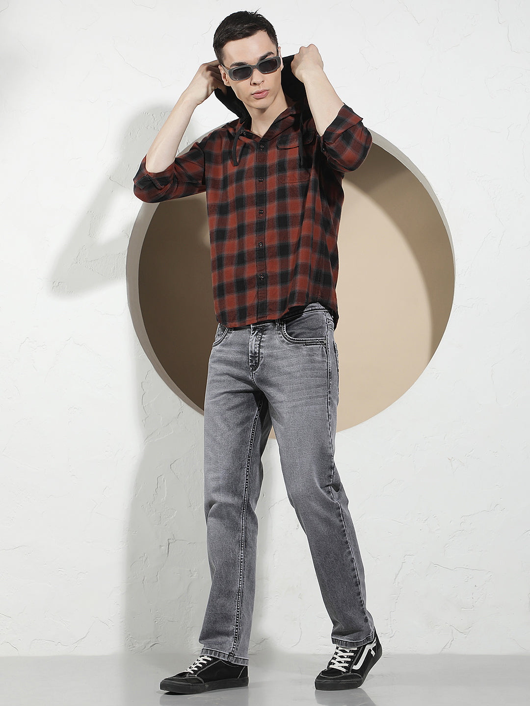 Maroon 100% Cotton Checked &amp; Hooded Shirt