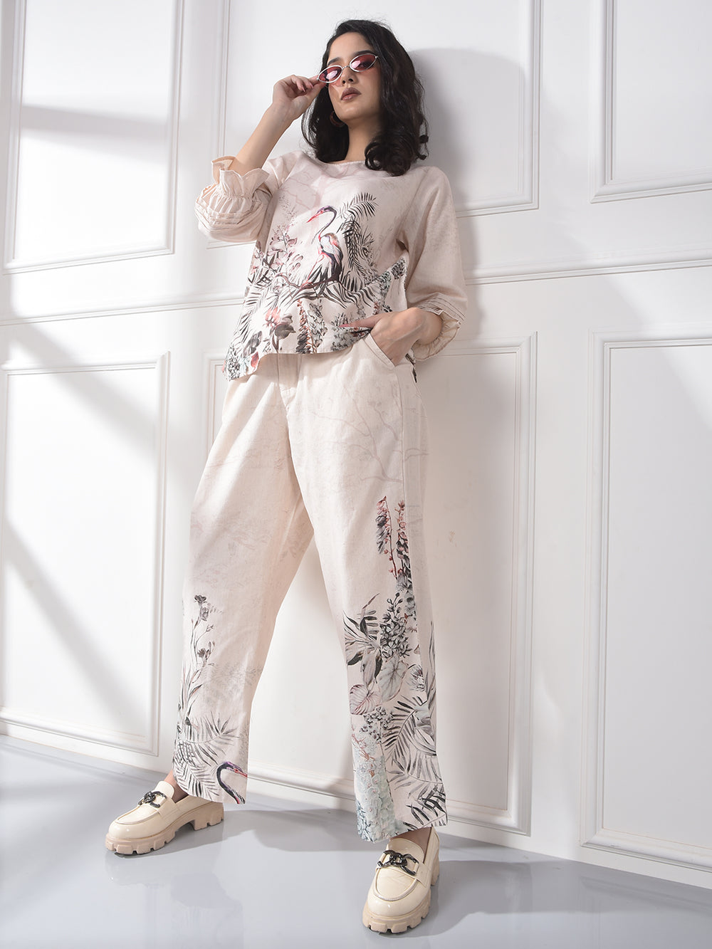 Peach Floral Print Linen Top