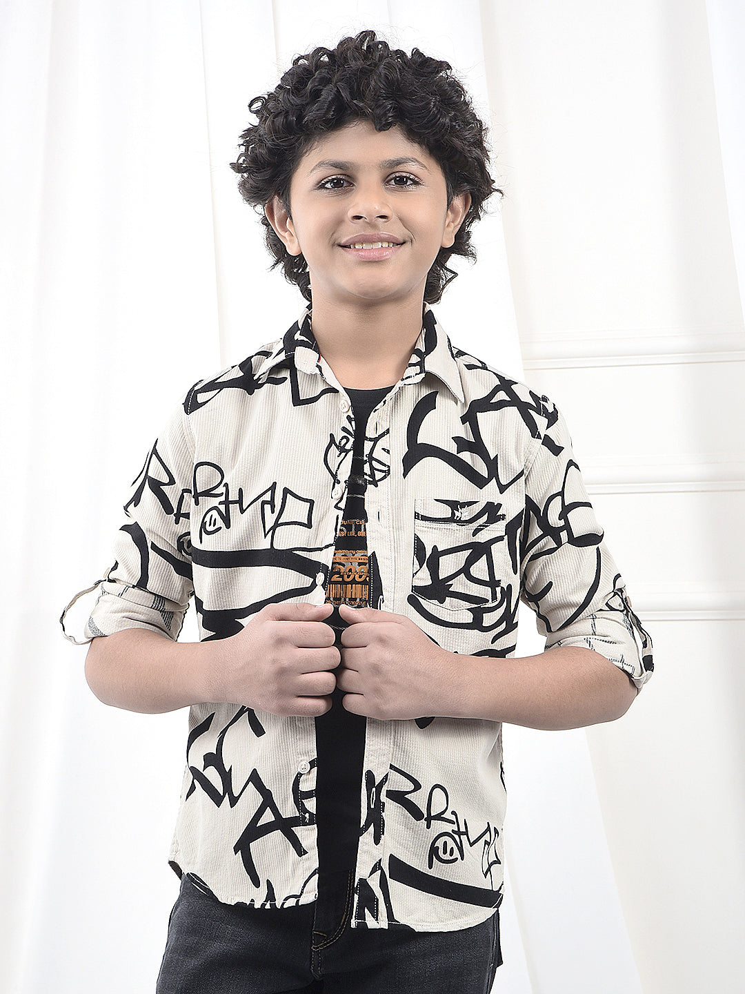 Beige Typographic Print 100% Cotton Knitted Shirt & T-Shirt Set