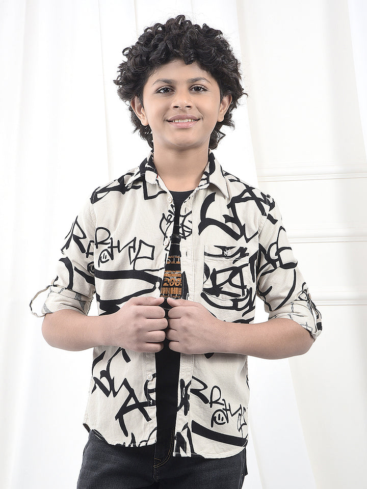 Beige Typographic Print 100% Cotton Knitted Shirt & T-Shirt Set