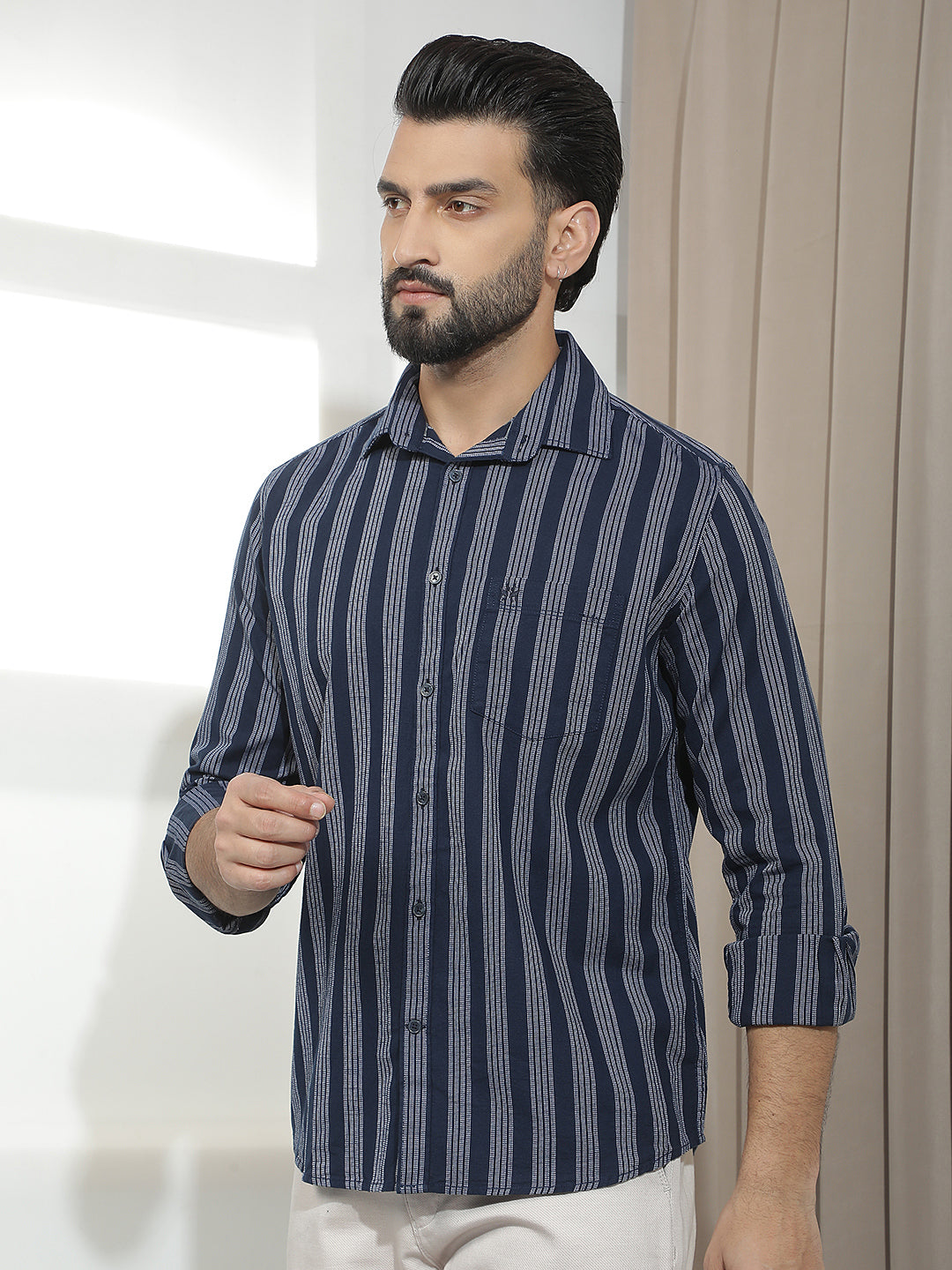 Navy Blue 100% Cotton Verical Stripes Shirt