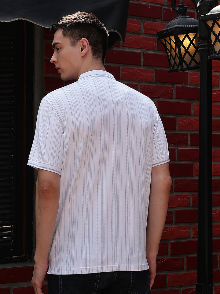 White Vertical Stripes Polo Neck T-Shirt