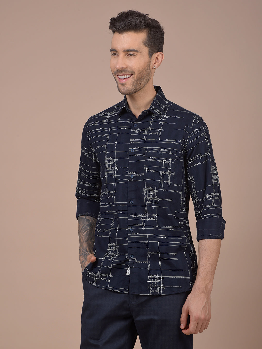Navy Blue Printed 100% Cotton Shirt
