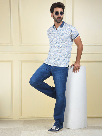 Blue Printed Polo Neck T-Shirt