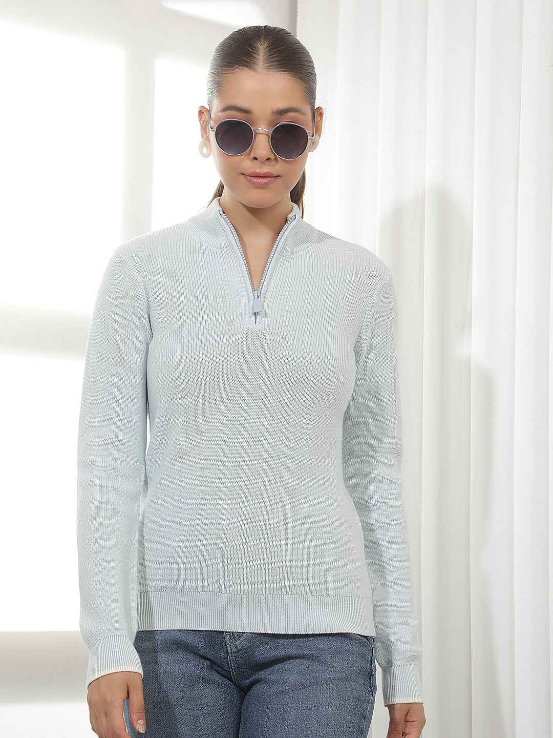Blue Jacquard High Neck 100% Cotton Sweater