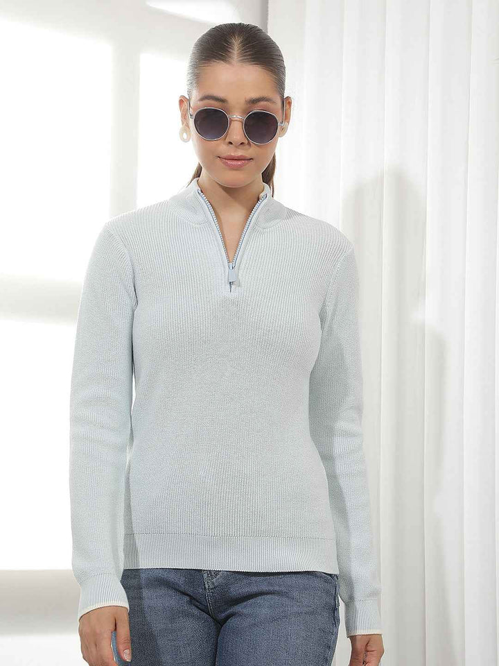 Blue Jacquard High Neck 100% Cotton Sweater