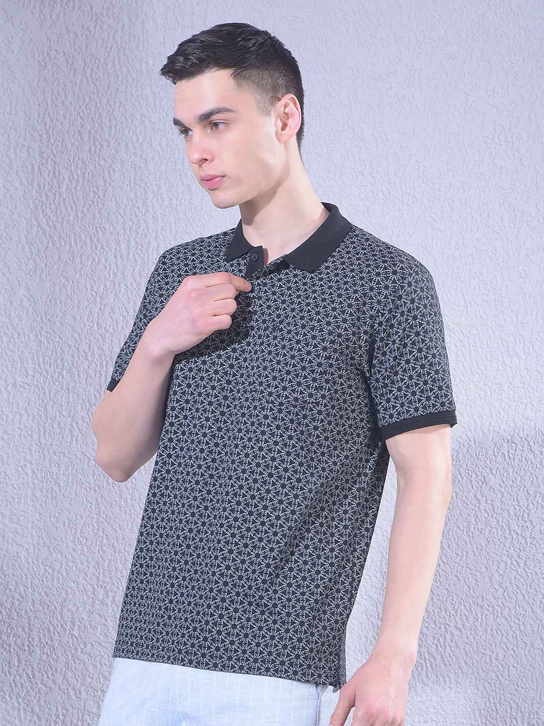 Black Printed Polo Neck T-Shirt