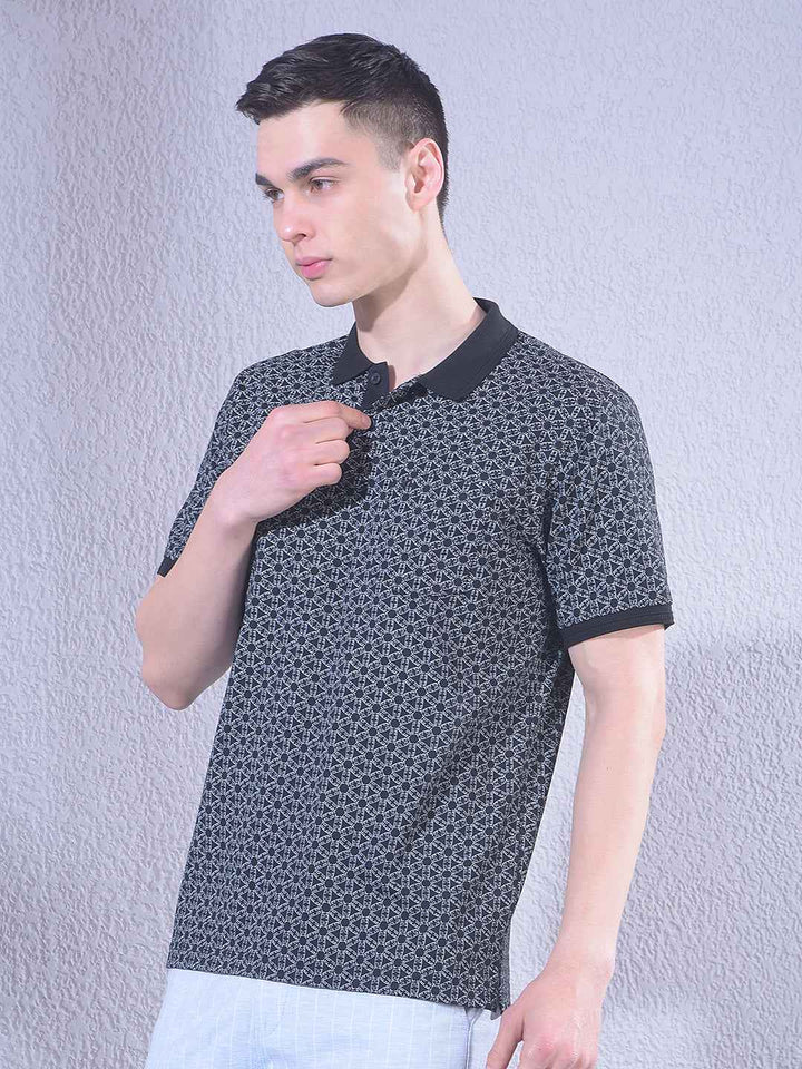 Black Printed Polo Neck T-Shirt