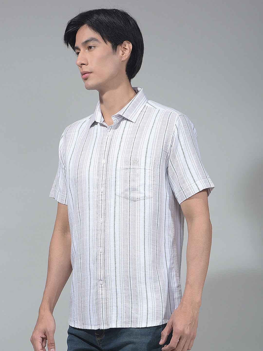 Beige Vertical Striped 100% Cotton Shirt