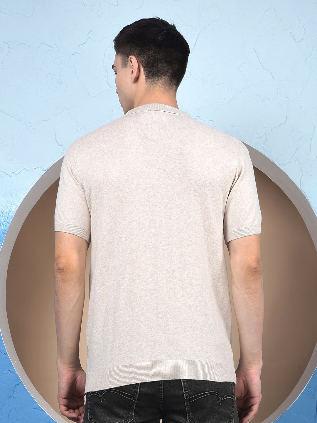 Beige Vertical Stripes Polo Neck T-Shirt