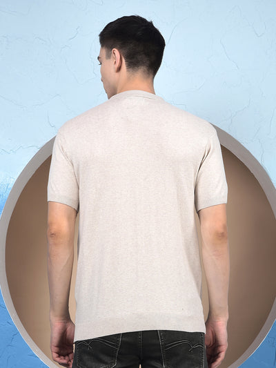 Beige Vertical Stripes Polo Neck T-Shirt