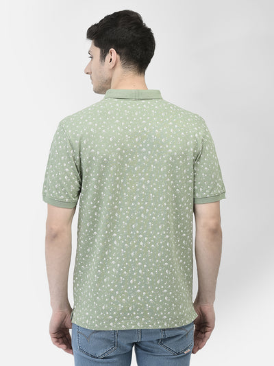 Green Floral Print Polo Neck T-Shirt