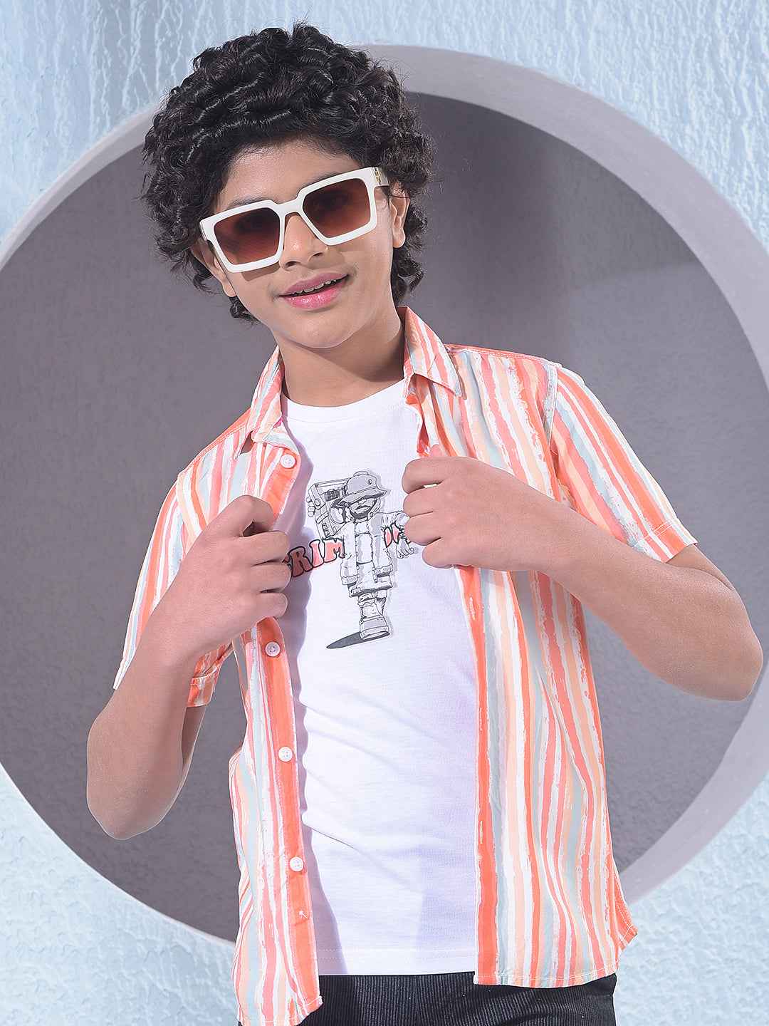 Peach Vertical Striped Layered Shirt with T-Shirt