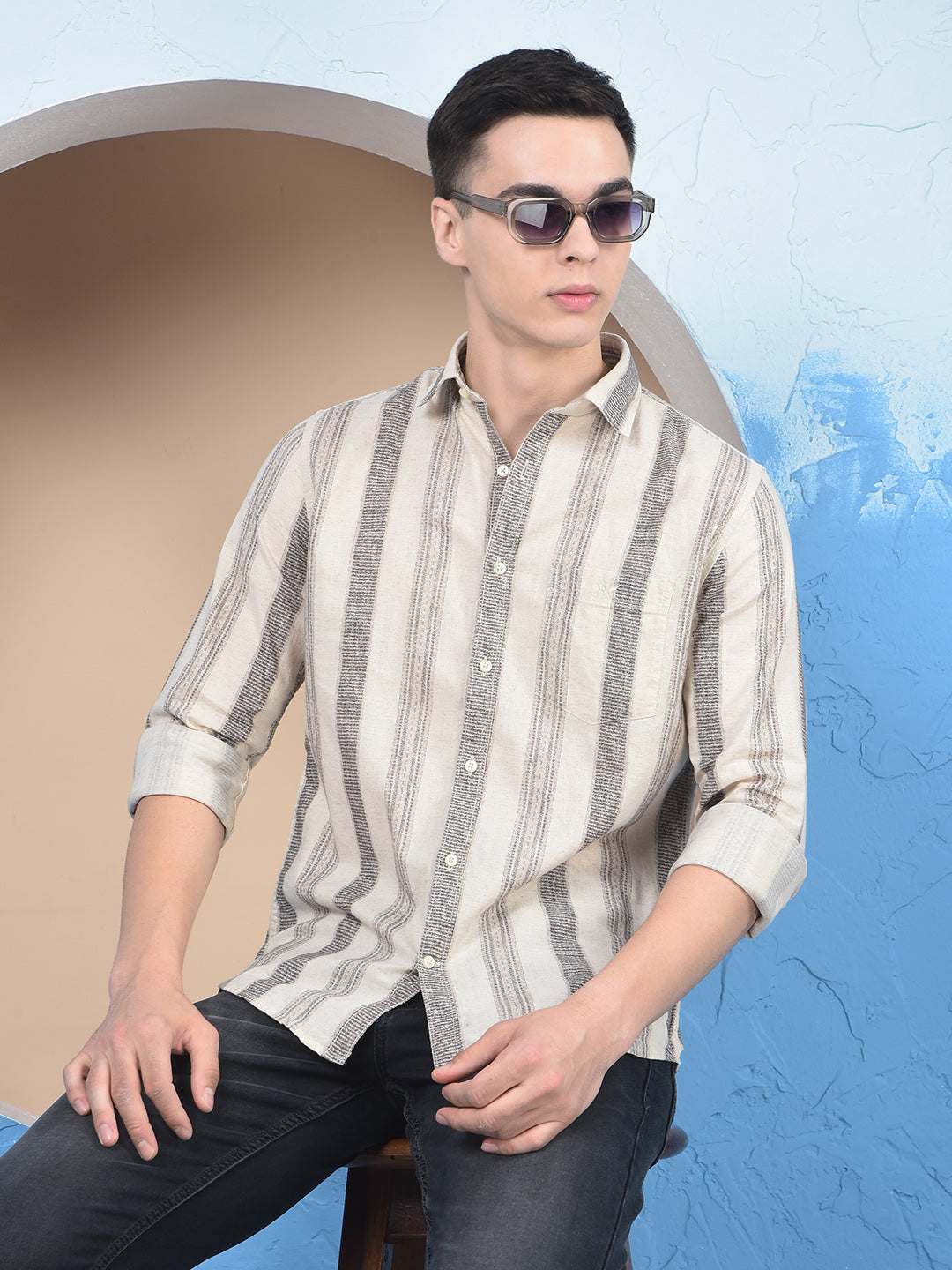 Beige Vertical Stripes Linen Straight Kurta