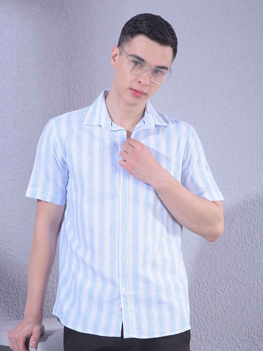 Blue 100% Cotton Vertical Stripes Shirt