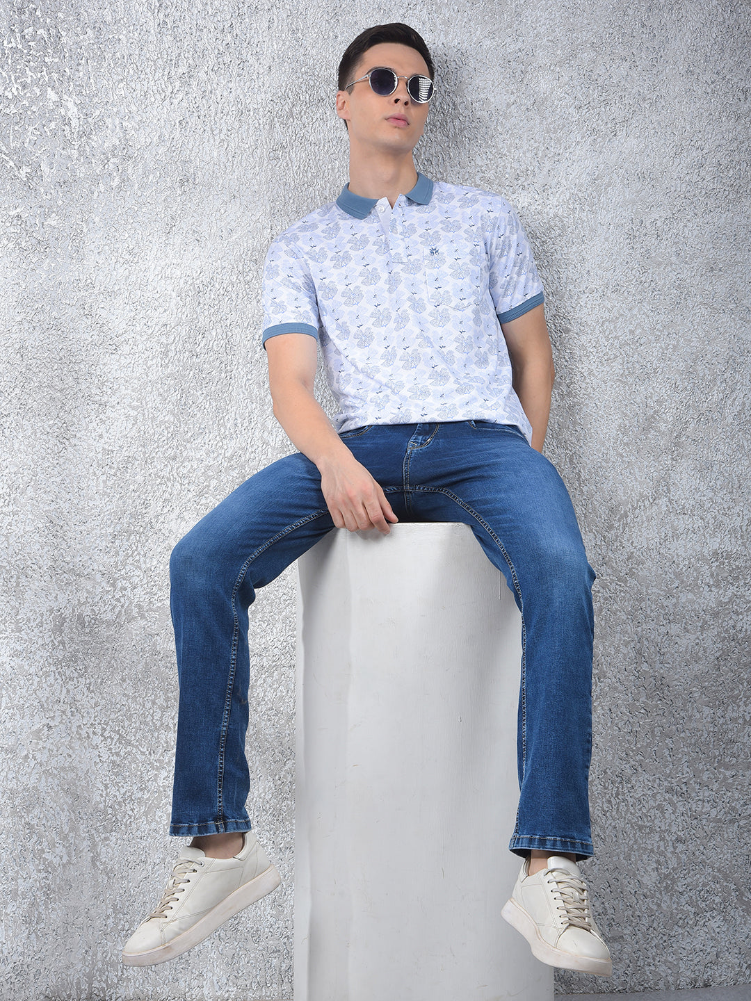 Blue Floral Print Polo Neck T-Shirt