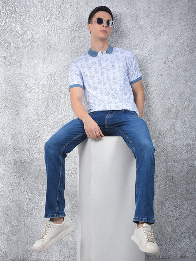 Blue Floral Print Polo Neck T-Shirt