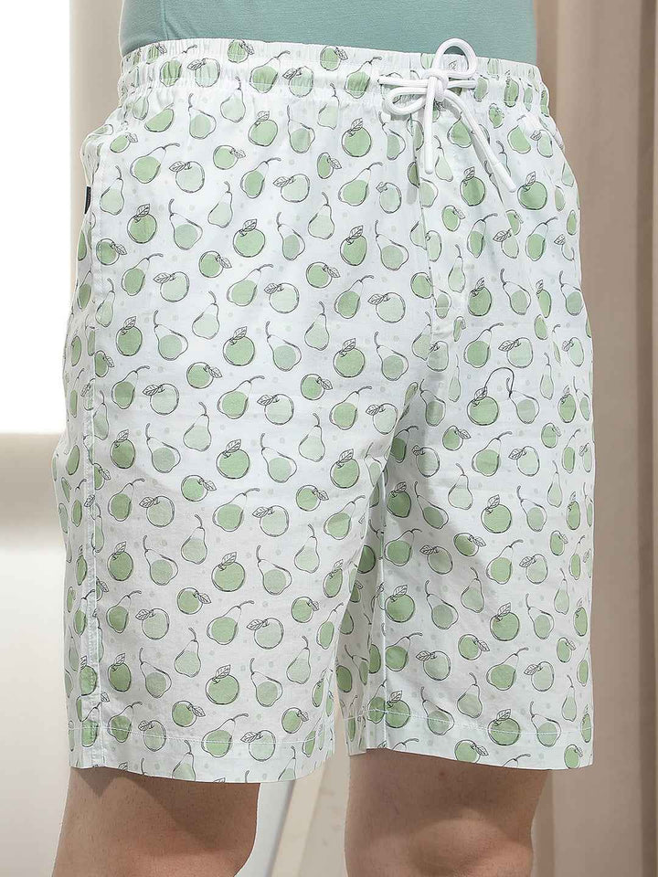 White 100% Cotton Motif Printed Lounge Shorts