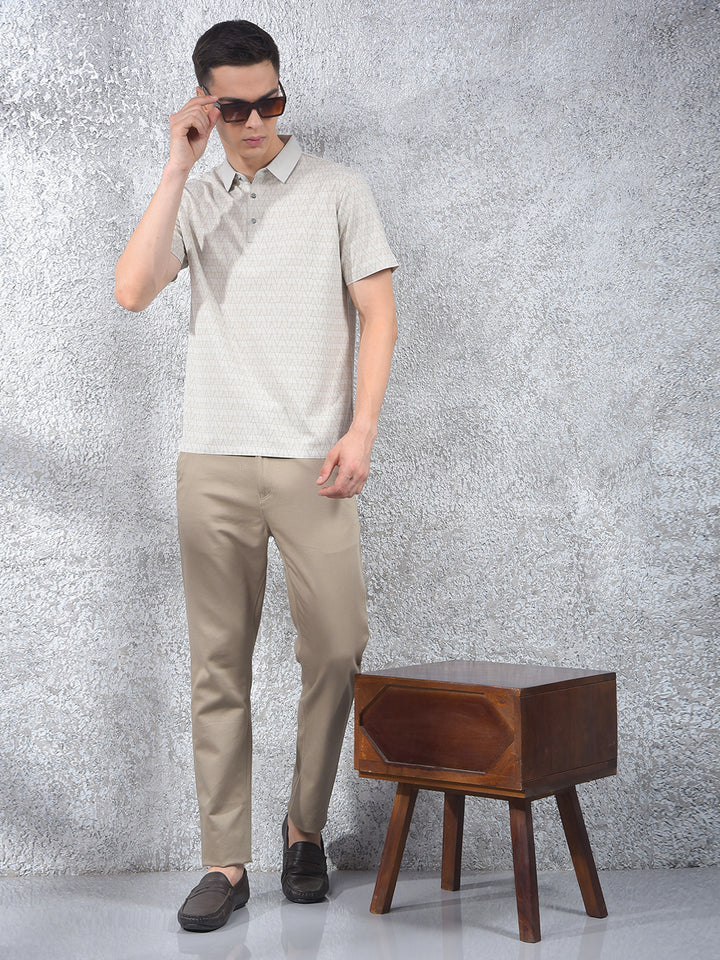 Beige Printed Polo Neck T-Shirt