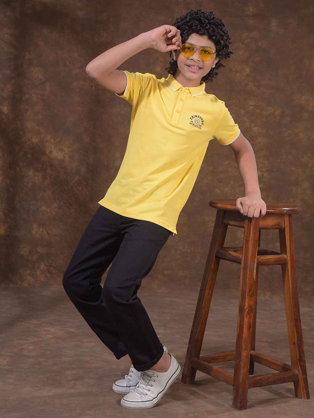 Yellow Typographic Print Polo Neck T-Shirt