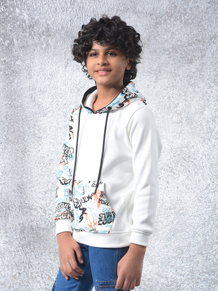 White Printed Hooded Neck Sweatshirt