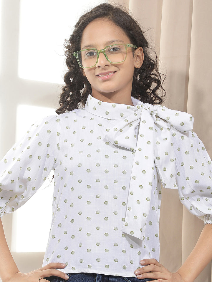 Green Polka Dots Printed Bow Tie Top