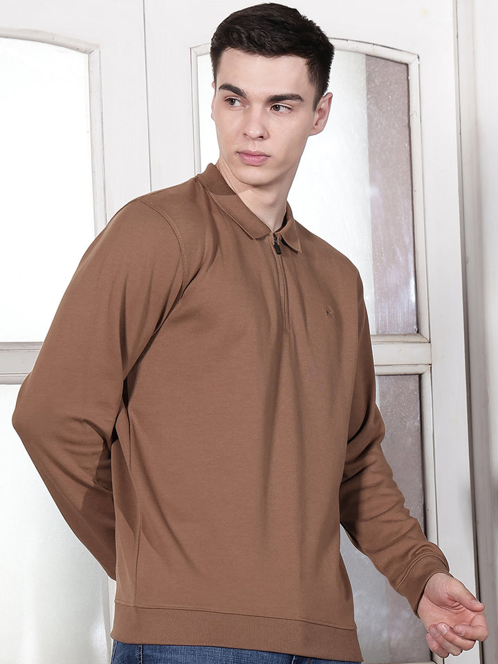 Brown Polo Neck Front Open Sweatshirt