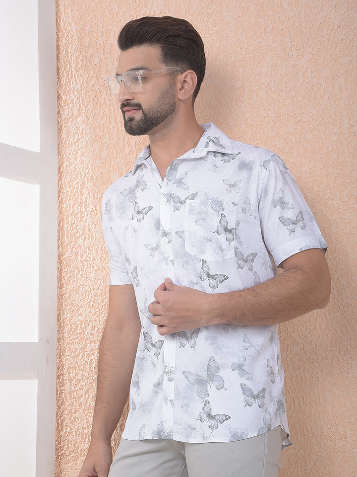 White Floral Print Modal Shirt