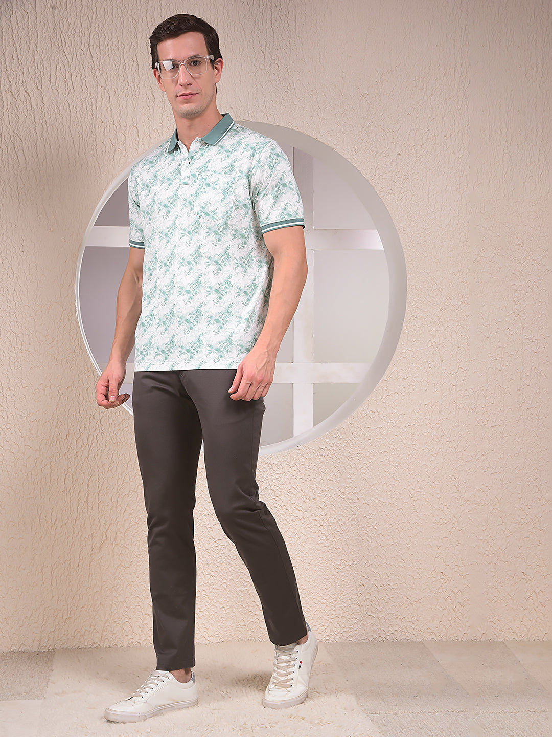 Green Floral Print Polo Neck T-Shirt