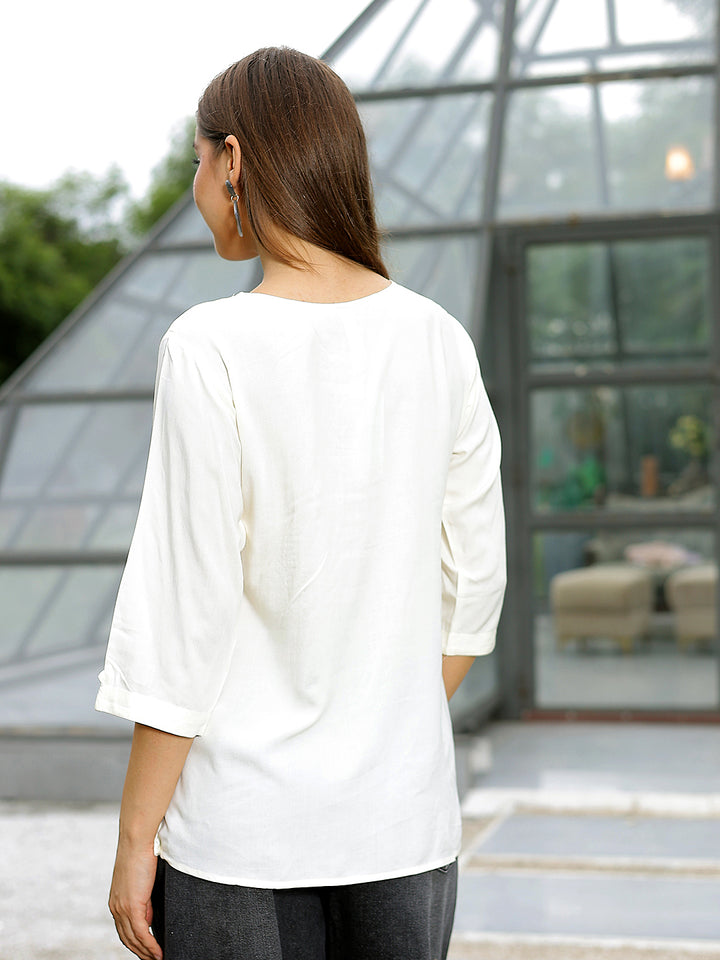 White Embroidered Crew Neck Top