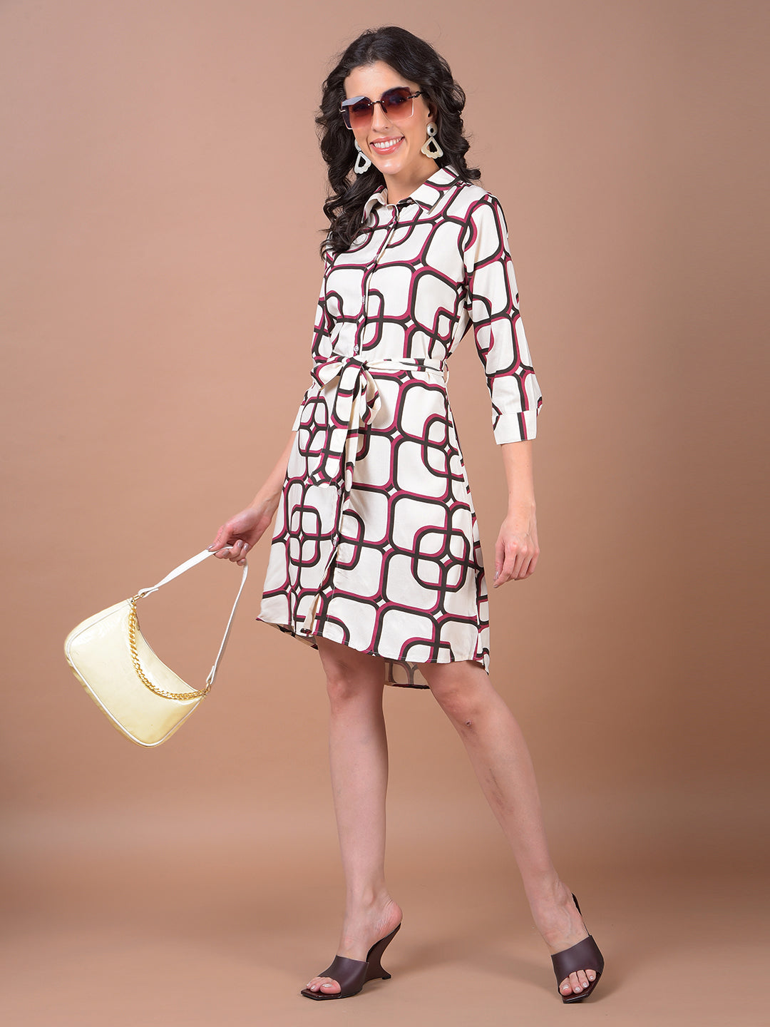 White Printed Belted Shirt Dress