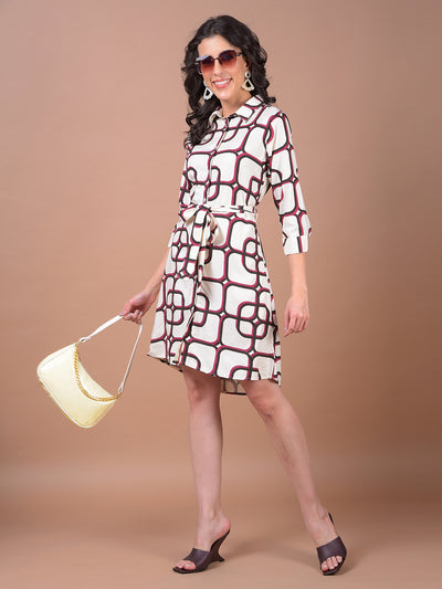 White Printed Belted Shirt Dress