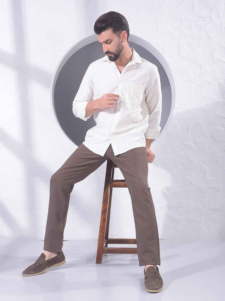 Beige Horizontal Stripes Linen Shirt