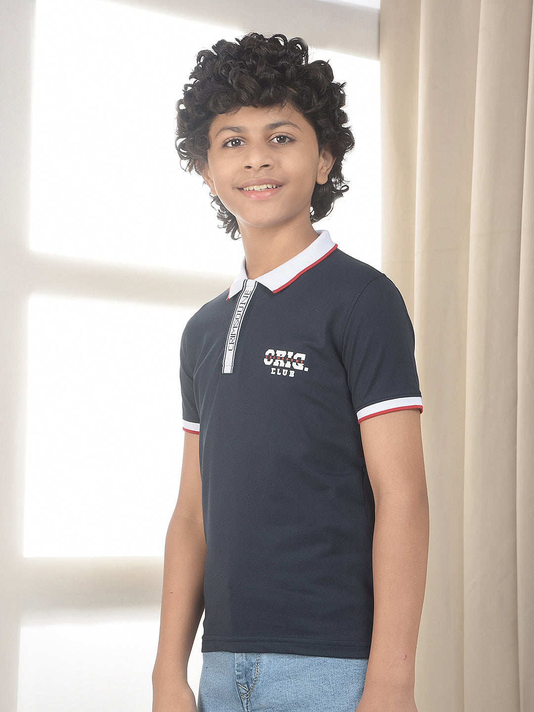 Navy Blue Typographic Polo Neck T-Shirt