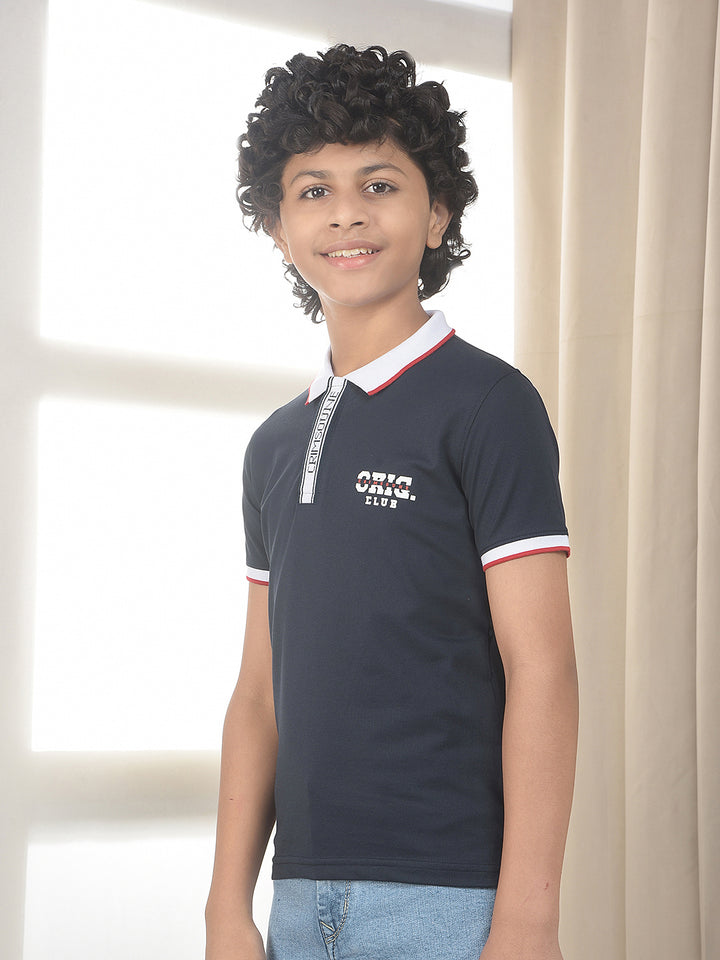 Navy Blue Typographic Polo Neck T-Shirt