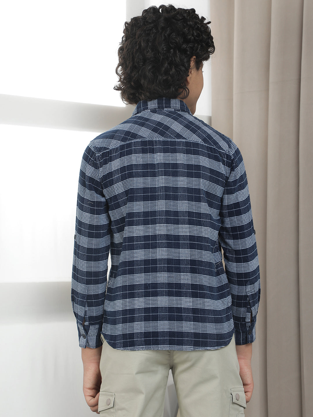 Blue Checked 100% Cotton Corduroy Shirt