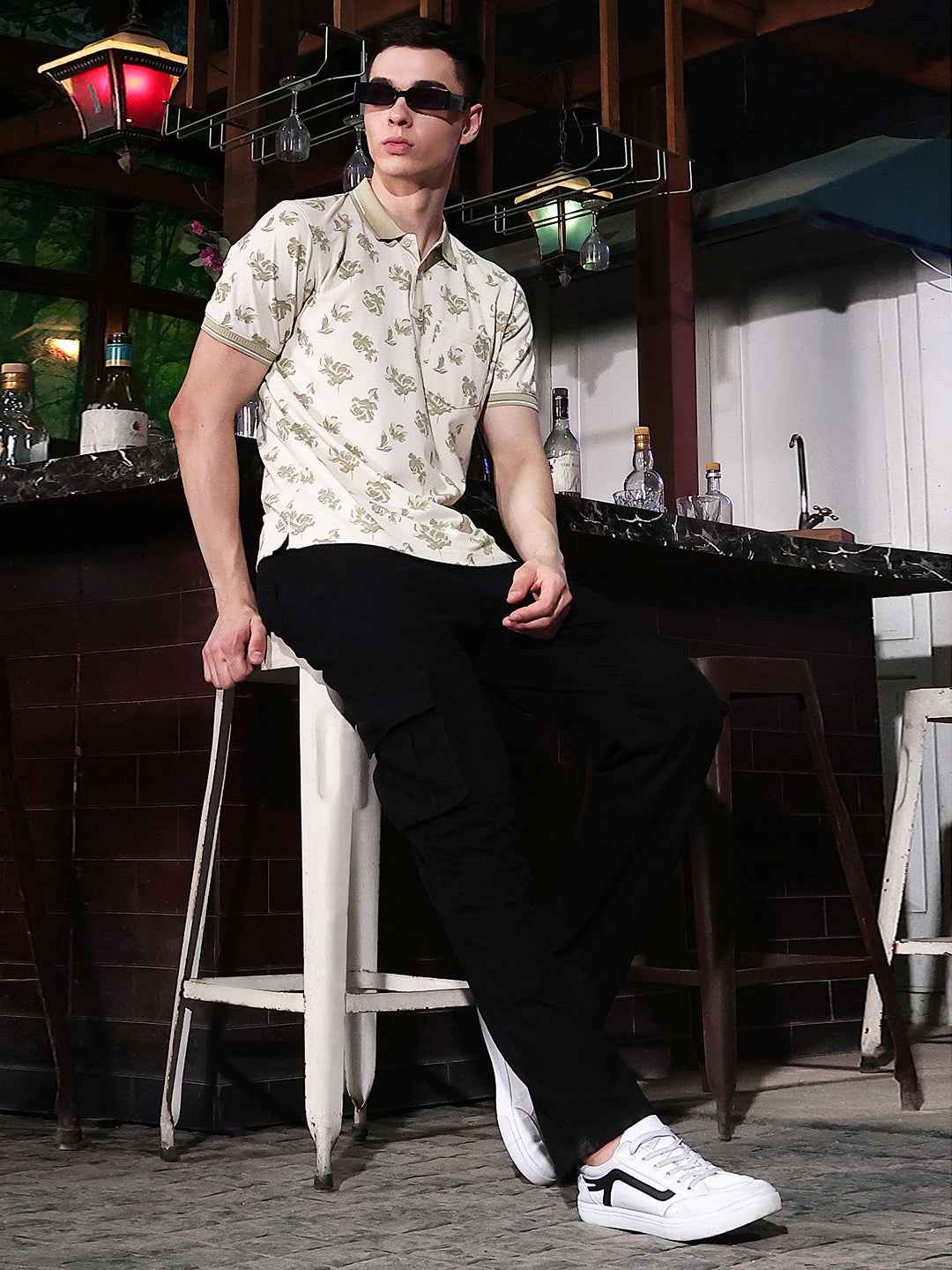 Beige Floral Print Polo Neck T-Shirt