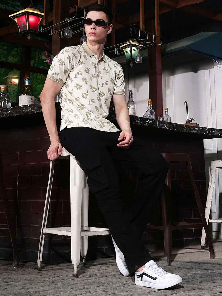 Beige Floral Print Polo Neck T-Shirt