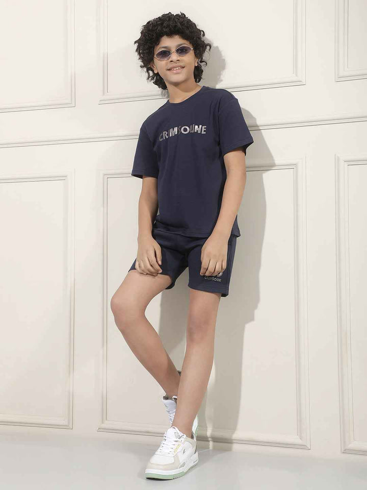 Navy Blue Typographic Print Shorts