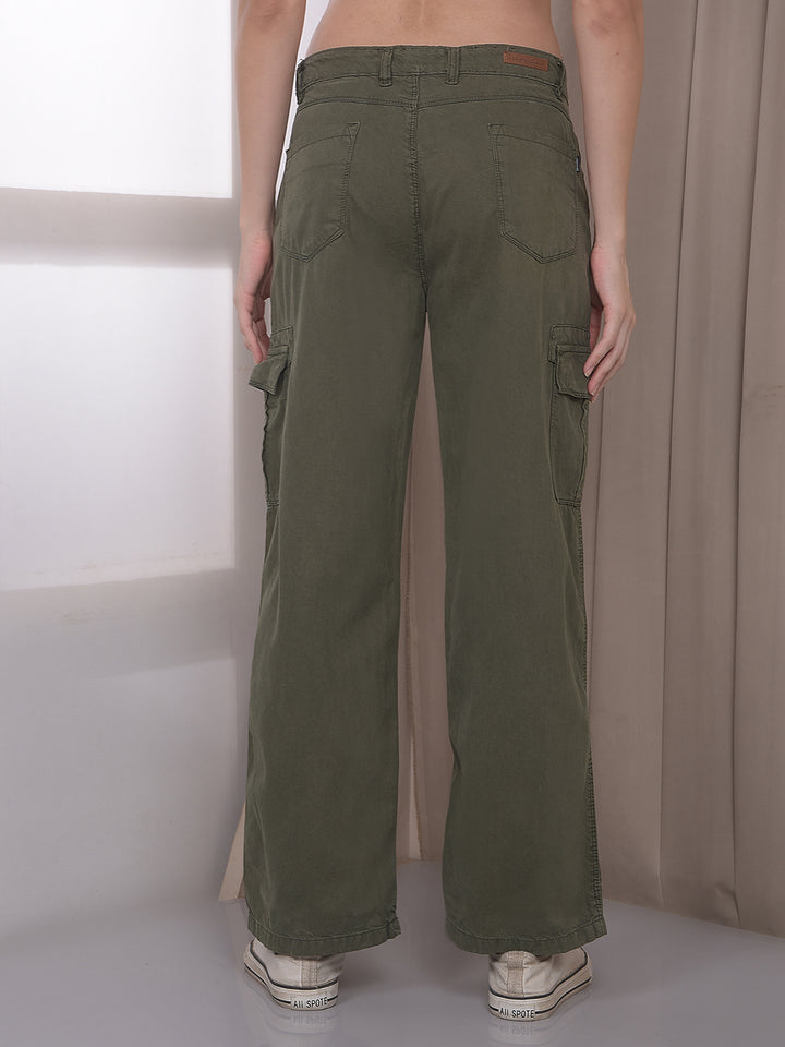 Women's Olive 100% Cotton Cargo Jeans-Women Jeans-Crimsoune Club