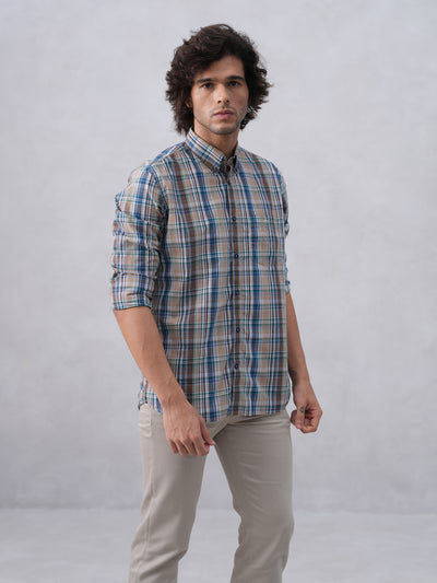 Brown Checked 100% Cotton Button-Down Collar Shirt