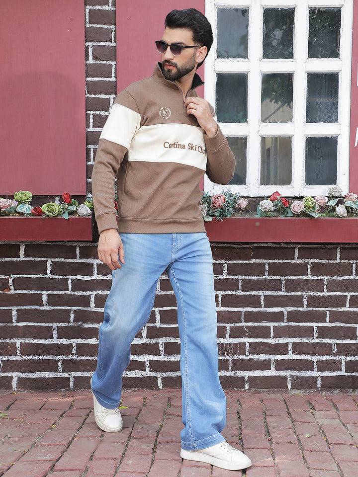 Brown Color-Block High Neck Sweatshirt