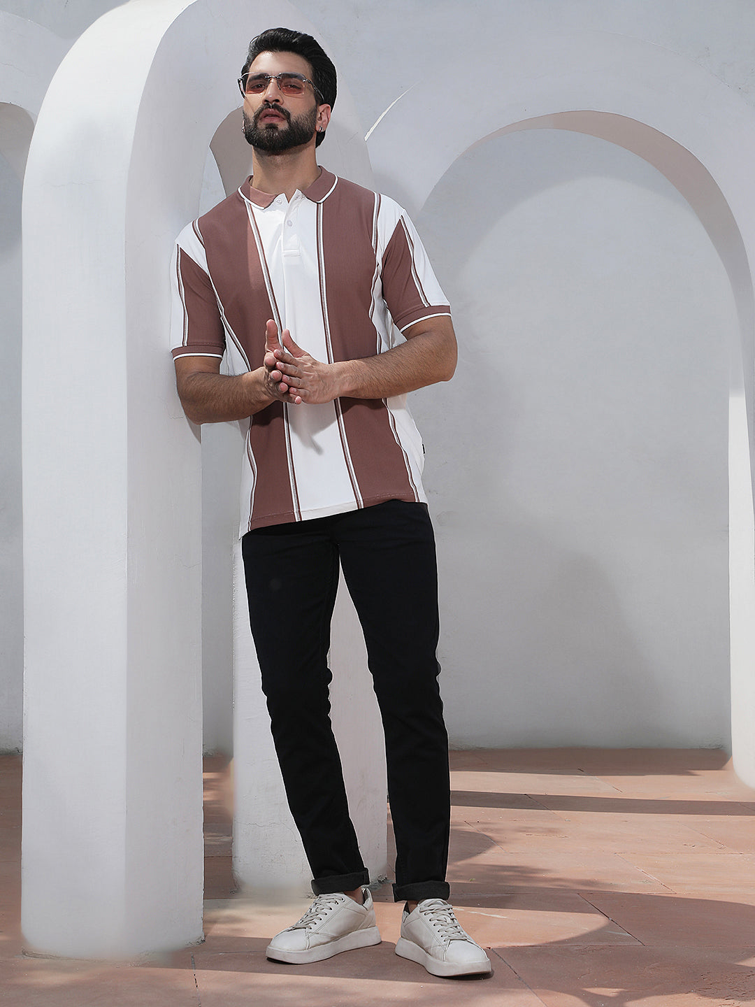 Purple Vertical Striped Polo Neck T-Shirt