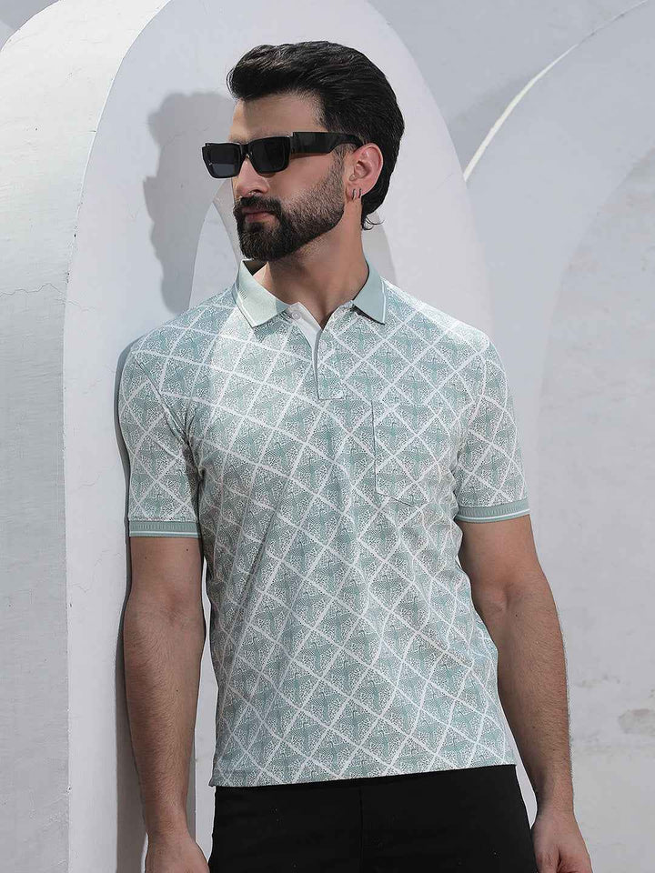 Green Printed Polo Neck T-Shirt
